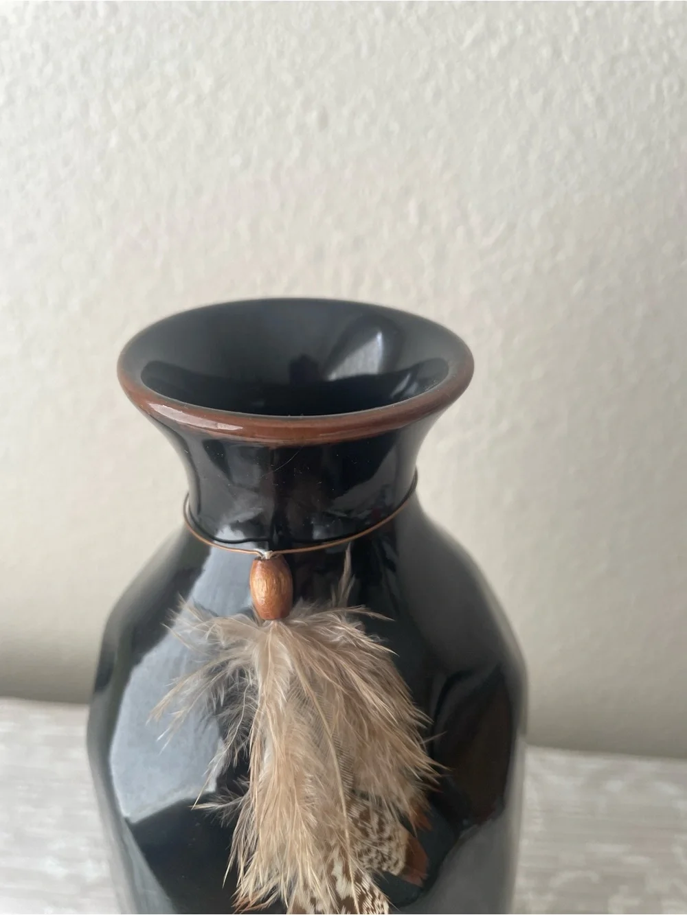 Black pottery Decorative Vase with Feather Accent sing FRP 86 9.25 inch